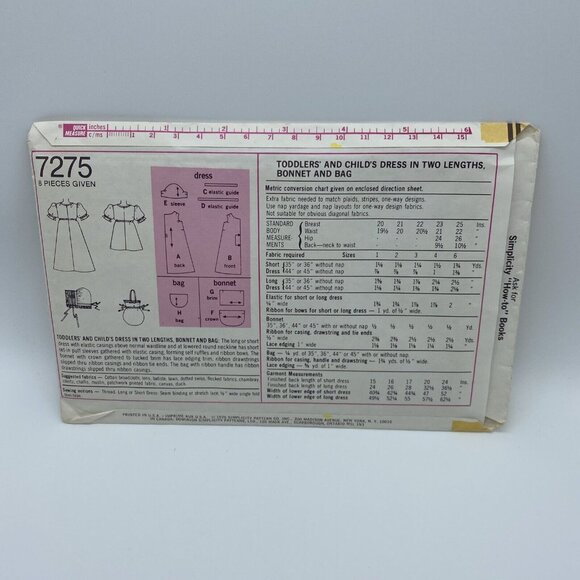 Simplicity 7275 Toddler's Dress in Two Lengths Bonnet & Bag Size 3 Vintage Cut - Picture 2 of 5